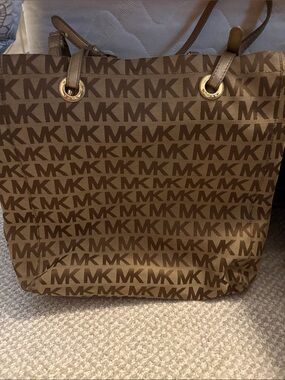 Michael Kors Brown MK Logo Canvas Tote with Gold-Tone Hardware